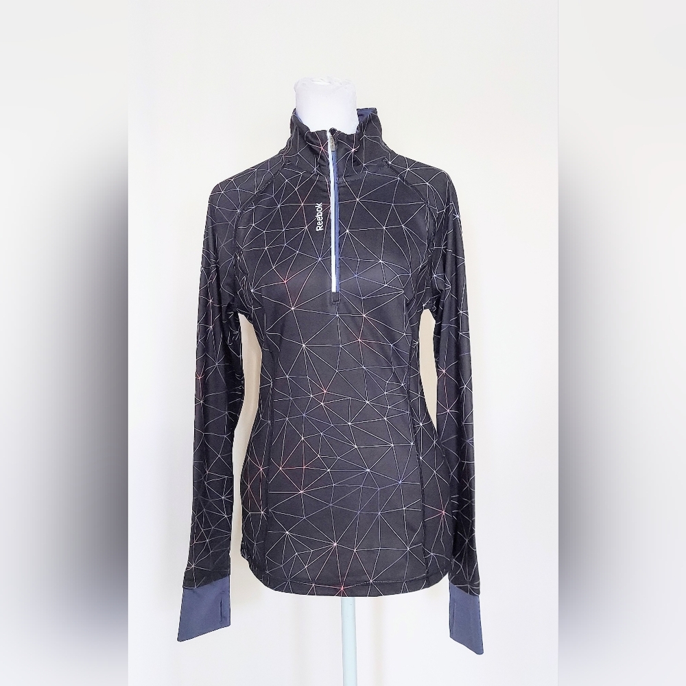 Reebok 1/4 Zip Mock Collar Long Sleeve Black Print Activewear Top Size Small